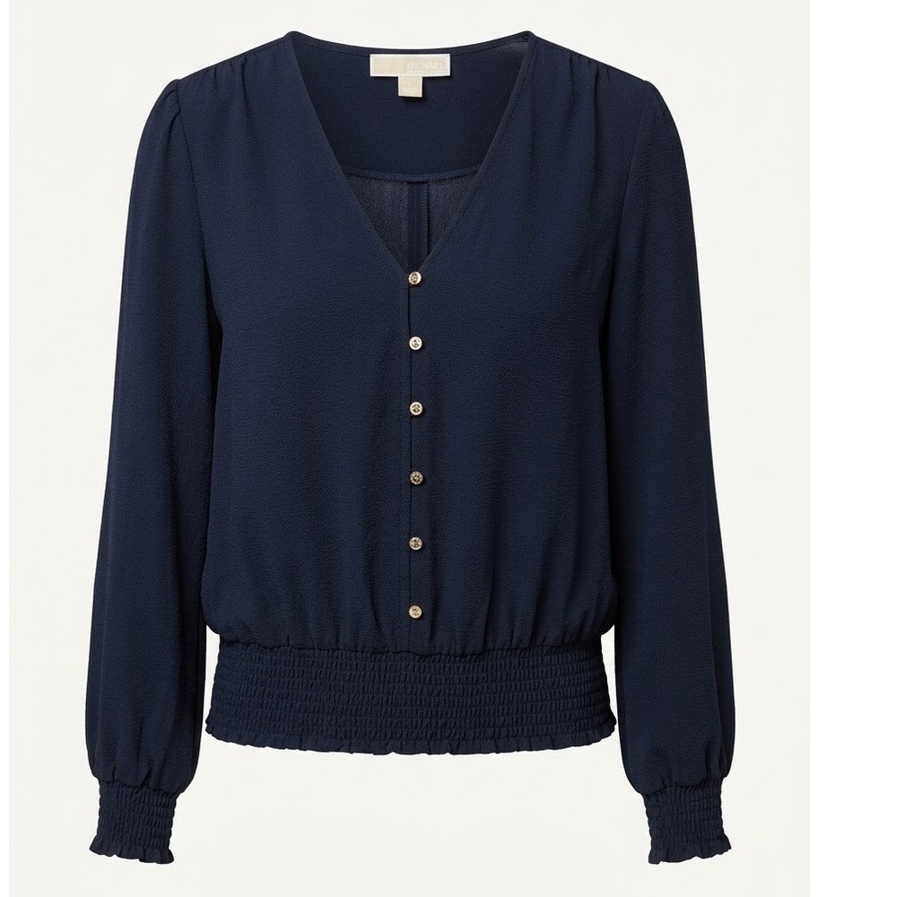 Michael Kors Navy Blue Minimalist Smocked Waist V-Neck Button Front Blouse S